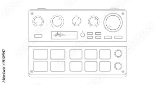 Audio mixer control panel with buttons and dials
