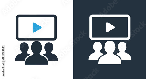 Group of people watching video screen icon - Line and glyph solid icon and logo template - Clipart, sticker - icon set