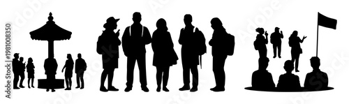 Guided tour group icon set with solid black icon on bright white background featuring travel, group, tour with guide and icon