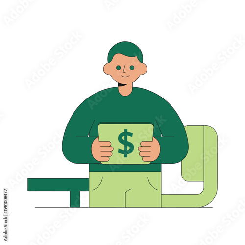 Cartoon man holding money illustration.