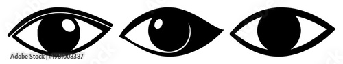 Eye icon set with solid black graphic on white background featuring eye, computer, vision, scanning with technology and design
