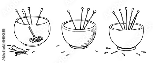 Sewing and crafting kit with hand-drawn magnetic pin bowl featuring loose needles, sewing accessories, and artistic line art style with white background