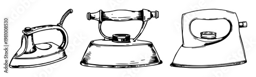 Tailor's iron set with vintage charcoal design featuring antique, hand-drawn, pressing with ironing and appliance