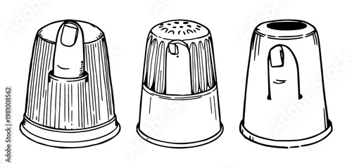Metal thimble set with hand-drawn line art illustration showing a finger inside featuring metal, thimble, finger with white background and graphic design
