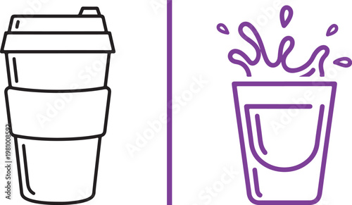Reusable coffee cup and splashing glass drink vector illustration icons for cafe menu design
