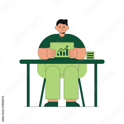 Person at desk with laptop displaying growth chart.