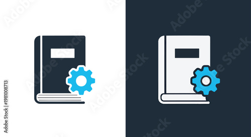 Book with settings gear configuration - Minimalist, flat icon, outline, glyph, linear, clipart, sticker - icon set