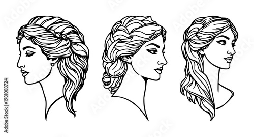Greek goddess head set with hand-drawn line art Art Deco style featuring white background, line art, illustration with Greek mythology and ancient Greece