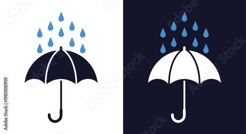 Umbrella icon with falling rain droplets - Line and glyph solid icon and logo template - Clipart, sticker - icon set
