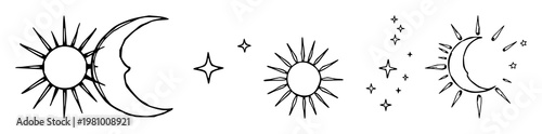 Sun moon and stars set with hand-drawn organic art style featuring celestial, astrology, spirituality with universe and decorative elements