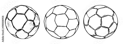 Soccer ball set with hand-drawn organic art of old-fashioned leather ball with laces featuring sports, football, vintage ball with illustration and graphics