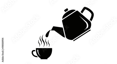 Black silhouette of a teapot pouring hot beverage into a cup, steam rising
