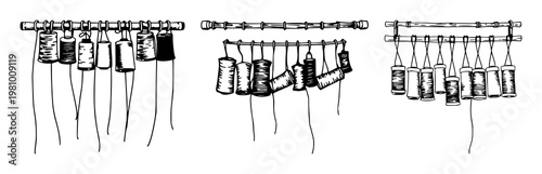 Thread spool rack set with hand‑inked line art featuring thread, spools, rack with illustration, craft, loom and textile design