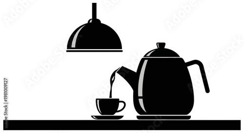 Black silhouette of a teapot pouring hot drink into a cup, kitchen interior concept