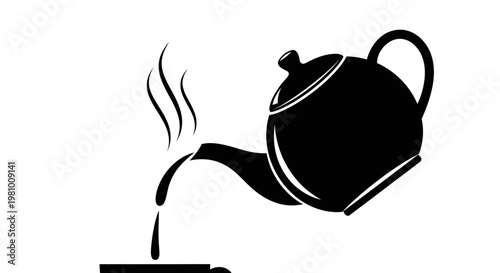 Black silhouette of a teapot pouring hot tea into a cup with steam rising.