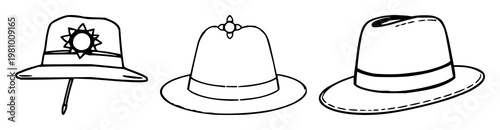 Hat pin set with hand-inked line art design featuring single, elegant, and decorative elements with vintage style and fashion accessories
