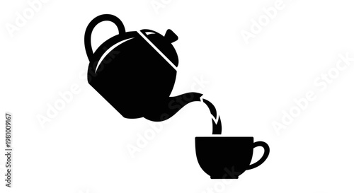 Black silhouette of a teapot pouring hot water into a cup, isolated on white background