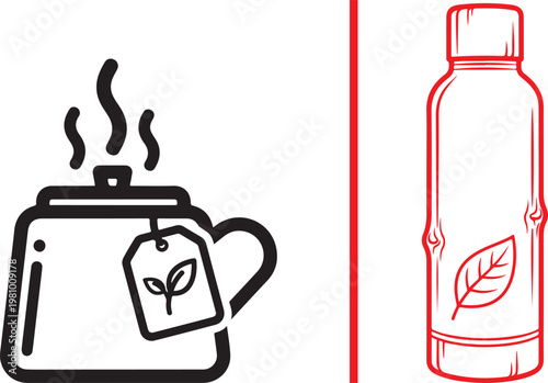 Minimalist vector illustration of a steaming tea mug and a reusable water bottle with leaf design for eco-friendly hydration