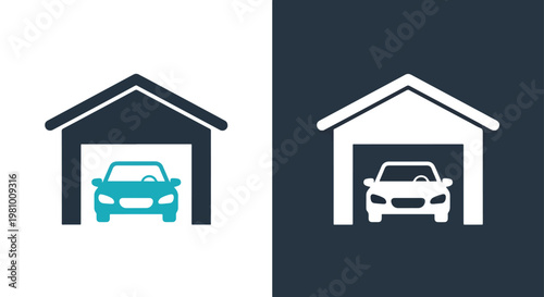 Car inside garage storage icon set - Minimalist, flat icon, outline, glyph, linear, clipart, sticker - icon set