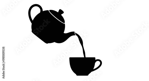 Black silhouette of a teapot pouring tea into a cup on a white background