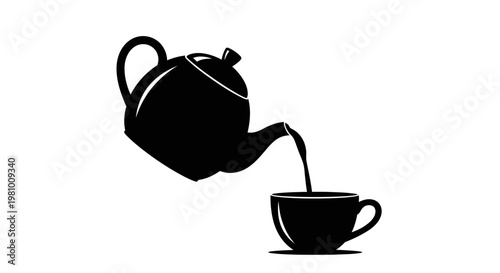 Black silhouette of a teapot pouring tea into a cup on a white background.