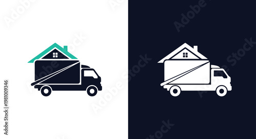 Truck carrying house moving icon set - Line and glyph solid icon and logo template - Clipart, sticker - icon set