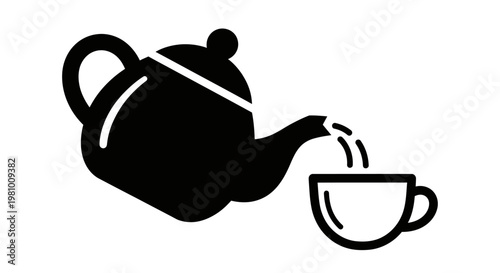 Black silhouette of a teapot pouring tea into a cup, isolated on white background.