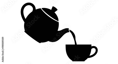 Black silhouette of a teapot pouring tea into a cup, isolated on white background