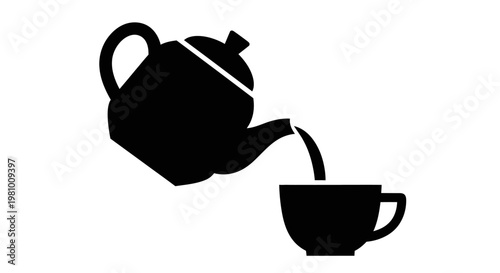 Black silhouette of a teapot pouring tea into a cup, isolated on white background