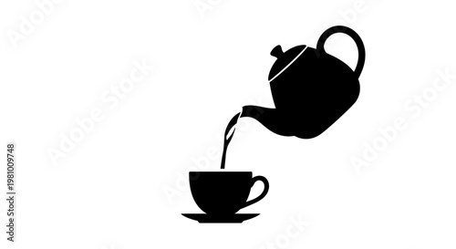 Black silhouette of teapot pouring liquid into cup and saucer isolated on white background