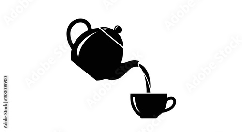 Black silhouette of teapot pouring tea into cup on white background