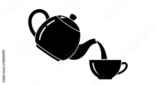 Black Silhouette of Teapot Pouring Tea into Cup on White Background