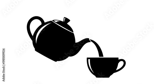 Black silhouette of teapot pouring tea into cup on white background