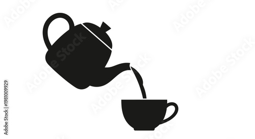 Black Silhouette of Teapot Pouring Tea into Cup, Minimalist Design