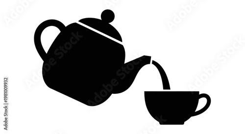 Black Silhouette of Teapot Pouring Tea into Cup on White Background