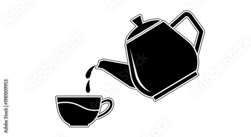 Black Silhouette of Teapot Pouring Tea into Cup, Simple Icon, Clean Design