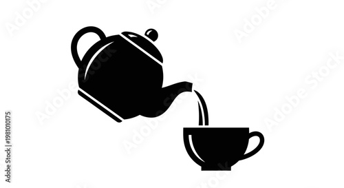 Black teapot pouring tea into a cup, simple vector illustration