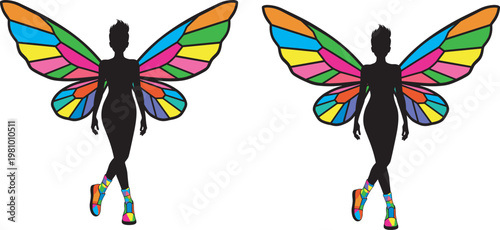 Fantasy butterfly winged human silhouette, colorful stained glass wings, vibrant insect person art, surreal walking figure, multicolored footwear design illustration