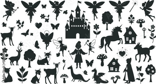 Fantasy fairy tale silhouettes, enchanted castle, unicorns and dragons, magical forest animals, whimsical black artwork, mythical creatures illustration design