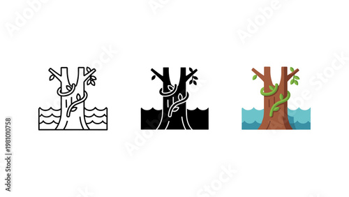 A detailed illustration shows a tree trunk with a green vine wrapped around it standing in blue water.