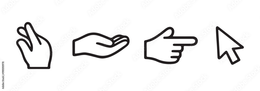Fototapeta premium Click touch cursor icon set user interface interaction pointer hand tap symbols minimal outline vector illustration