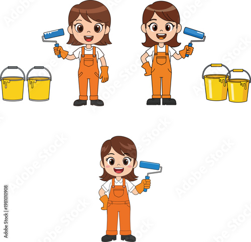 Happy Female Painter Character Set Wearing Orange Overalls Holding Paint Roller With Yellow Buckets For Home Renovation Maintenance Service
