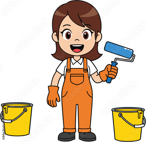 Happy Female Professional Painter Character Wearing Orange Overalls Holding Paint Roller With Yellow Buckets For Home Renovation Maintenance