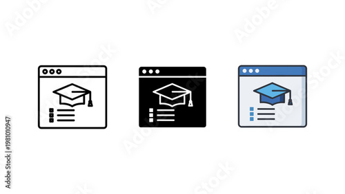 A web browser window displays an online education interface featuring a graduation cap and a list of courses.