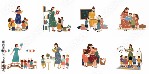 Collection of illustrations featuring a female teacher reading books and teaching young children in various classroom and library settings.