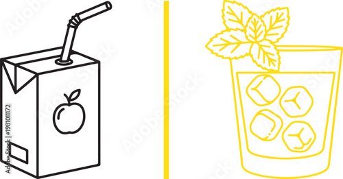 Minimalist vector illustration of a juice box with straw and a cocktail glass with ice and mint garnish for beverage menu design