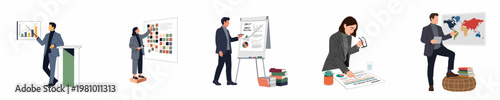 Set of vector illustrations of professional business people presenting data, conducting SWOT analysis, planning strategies, and working with creative color palettes.