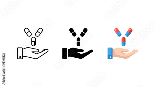 An open hand catches or holds various falling medical pills or capsules, symbolizing health and dosage.