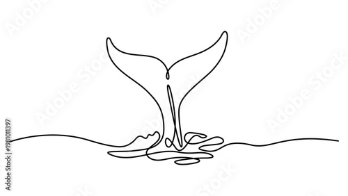 Continuous line drawing of a whale tail splashing in the ocean
