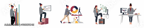 Set of flat vector illustrations featuring a female data analyst interacting with different charts and graphs for business intelligence and data visualization purposes.